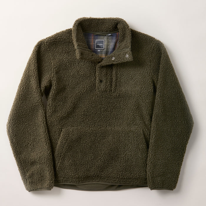 The Men's Cypress Sherpa Fleece in Forest Green is a heavyweight recycled polyester pullover with a snap-button collar and front kangaroo pocket, shown laid flat on a light background.