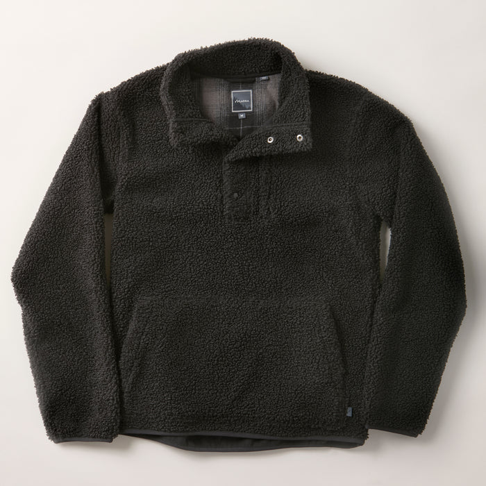 Men's Cypress Sherpa Fleece in Onyx Black, a heavyweight recycled polyester pullover with high collar, snap placket, and kangaroo pocket.
