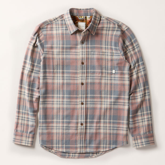Pladra Men's Every Day Elite Flannel Shirt in coral grey plaid, shown on a flat white background.