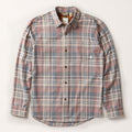 Pladra Men's Every Day Elite Flannel Shirt in coral grey plaid, shown on a flat white background.