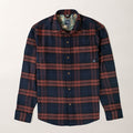Pladra Men’s Every Day Elite Flannel Shirt in Farallon Blue plaid, chest pocket and collar, laid flat on white background.