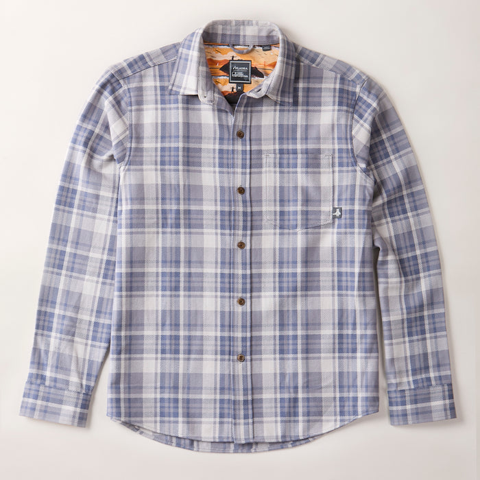 Men's Every Day Elite Flannel Shirt in Geary Grey, a heavyweight cotton flannel plaid in blue, grey, and white with a chest pocket.