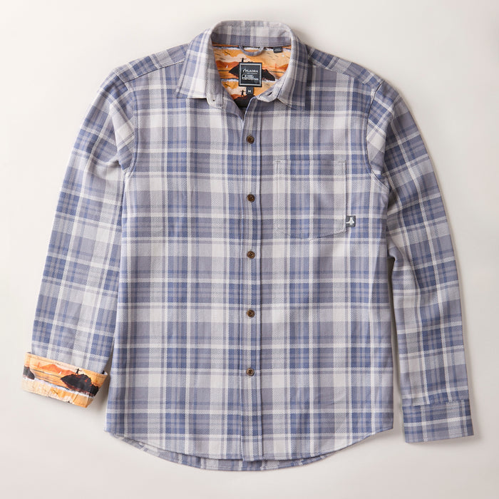 Pladra Men's Every Day Elite Flannel Shirt in Geary Grey, blue/gray plaid with orange cuffs, shown flat on white.