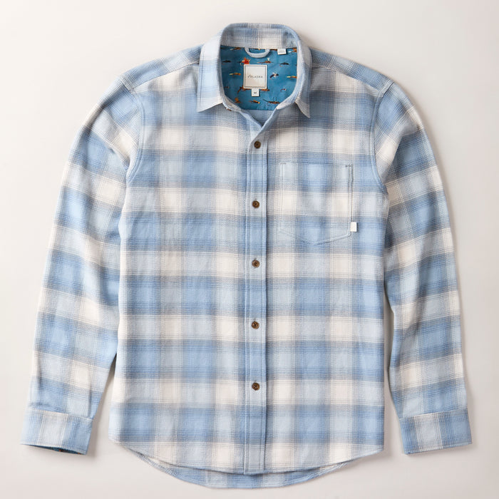 Men's Every Day Elite Flannel Shirt in Mendocino Blue, a light blue, white, and grey plaid with a chest pocket and printed inner lining.