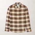 Pladra Men’s Every Day Elite Flannel Shirt in Retriever Tan plaid, long-sleeve button-up, shown laid flat.