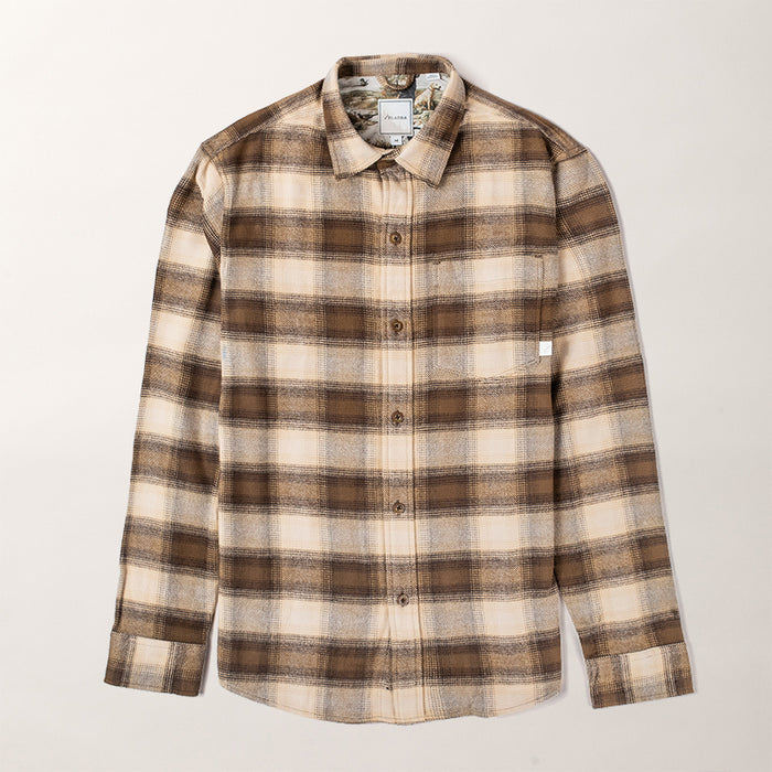 Pladra Men’s Every Day Elite Flannel Shirt in Retriever Tan plaid, long-sleeve button-up, shown laid flat.