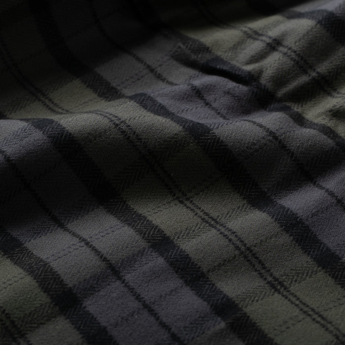Close-up of Pladra Men's Every Day Elite Flannel Shirt–Storm Black in heavyweight, soft flannel with a zigzag plaid pattern.