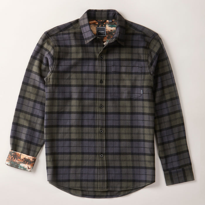 The Pladra Men's Every Day Elite Flannel Shirt in Storm Black features a patterned collar and cuffs.