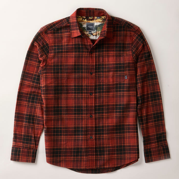 Men's Every Day Flannel Shirt in Autumn Red, a red and black plaid with a collar and button front, shown flat.