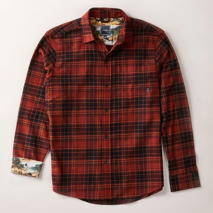 The Men's Every Day Flannel Shirt in Autumn Red features red and black plaid, a scenic landscape inner cuff lining, a classic collar, button-up front, long sleeves, and a single chest pocket.