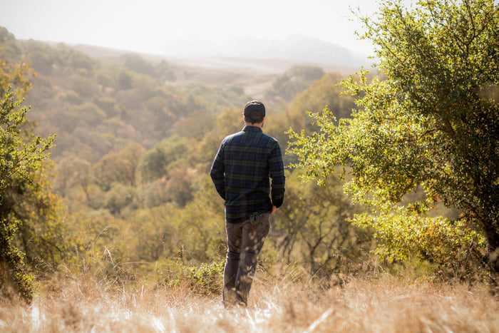 Wearing the Men's Every Day Flannel Shirt in Bolinas Blue, a person stands in tall grass, looking toward a sunlit valley and rolling hills covered with trees.