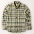 The Men's Every Day Flannel Shirt- Cactus Green features long sleeves, a left chest pocket, brown buttons, and a green, yellow, and gray plaid pattern—ideal for daily wear.
