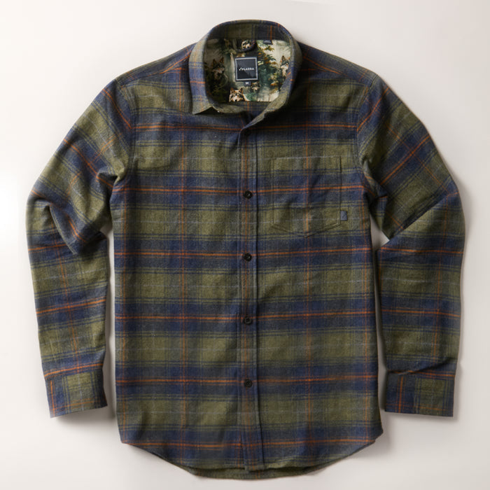 Men's Every Day Flannel Shirt in Everett Green Heather, a green, blue, and orange plaid with a chest pocket and floral inner collar.