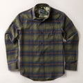 Men's Every Day Flannel Shirt in Everett Green Heather, a green, blue, and orange plaid with a chest pocket and floral inner collar.