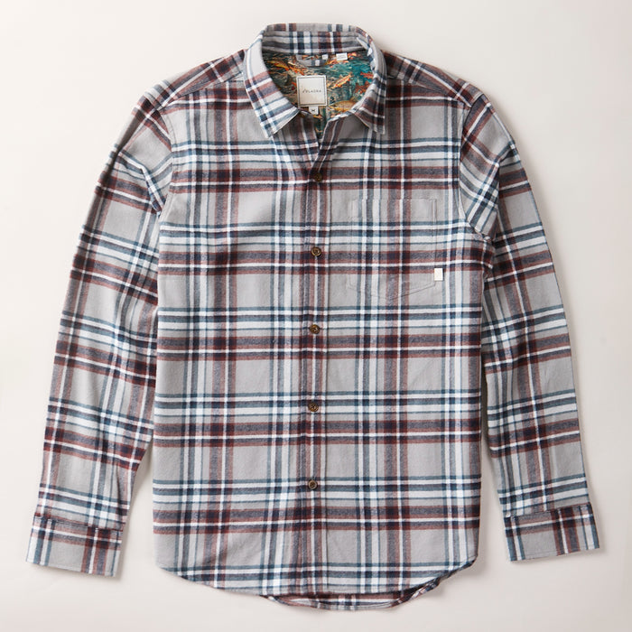 Pladra Men's Every Day Flannel Shirt in Richmond Grey, long-sleeve plaid, laid flat on a light background.