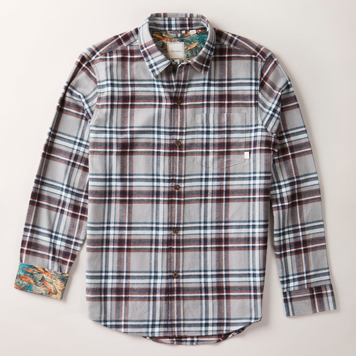 Pladra Men's Every Day Flannel Shirt-Richmond Grey: blue, white & burgundy plaid with floral-lined cuffs.