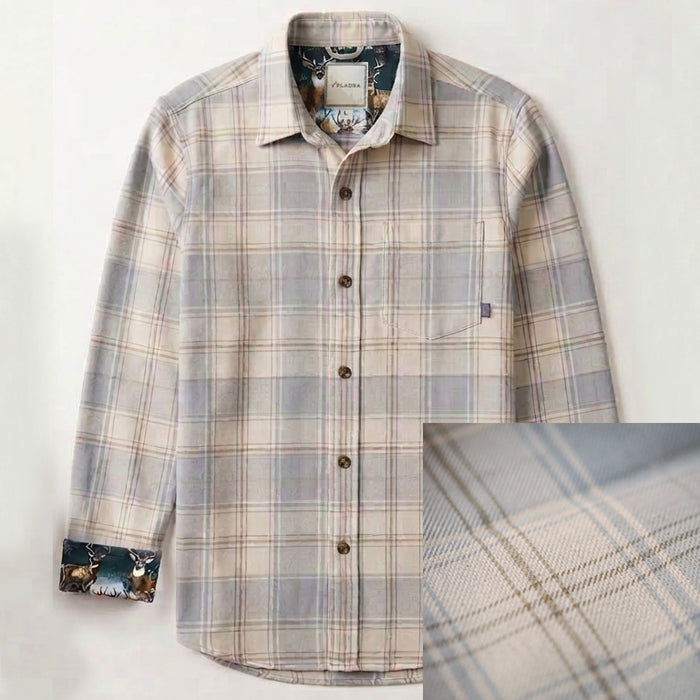 Men's Every Day Flannel Shirt in Windigo White Heather, a beige and blue plaid with a chest pocket and deer-print cuff lining.