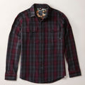 Men's Fireside Flannel - Hickory Red: long-sleeve button-up shirt in black, red, and gray plaid with two chest pockets and a collar, shown laid flat on a light background.