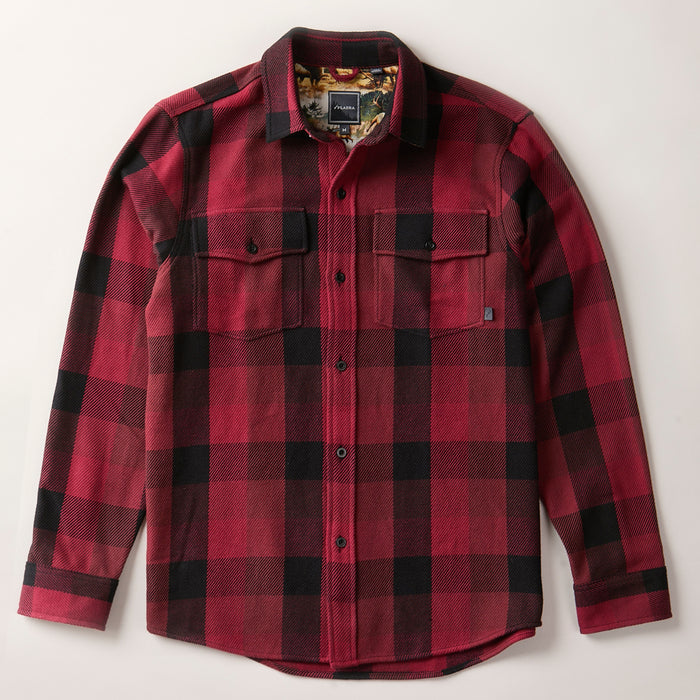 Men's Fireside Flannel - Lumber Red by Pladra with two chest pockets, shown on a flat, light background.