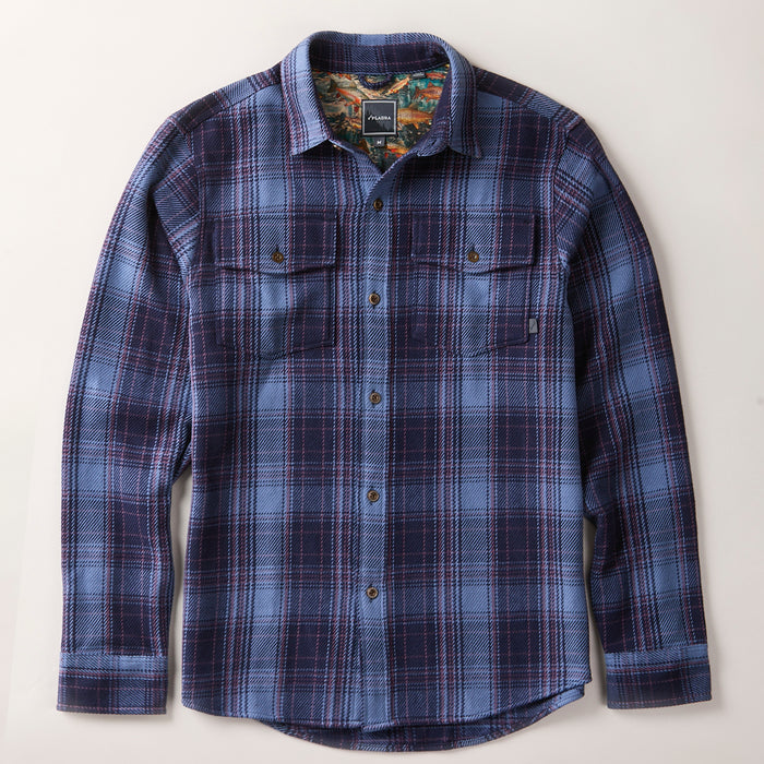 Men's Fireside Flannel in Riffle Blue by Pladra, shown laid flat with chest pockets on a white background.