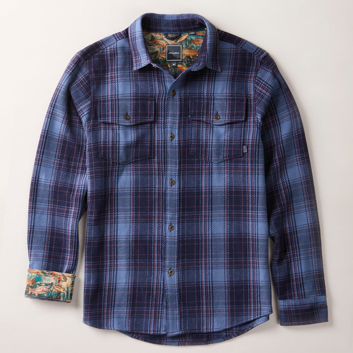 Pladra Men's Fireside Flannel in Riffle Blue: a soft, long-sleeve organic cotton shirt in blue and purple plaid.