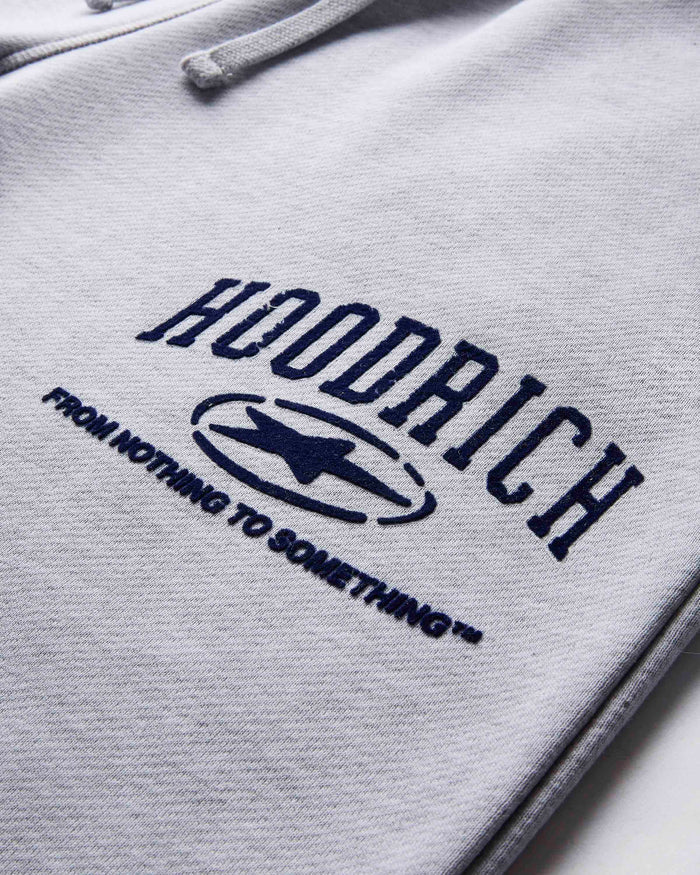 Gray hoodie with 'Hoodrich' logo and text on a light gray background