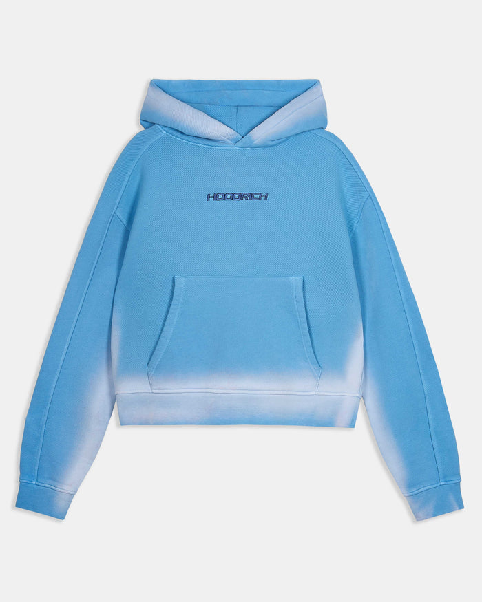 Oversized blue hoodie featuring a kangaroo pocket and a center chest Hoodrich logo.