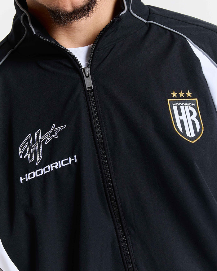 Black jacket with 'Hoodrich' branding on a white background
