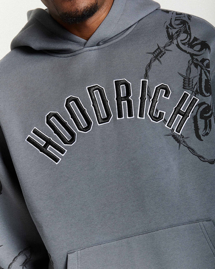 Gray hoodie with 'Hoodrich' text and barbed wire design on a white background