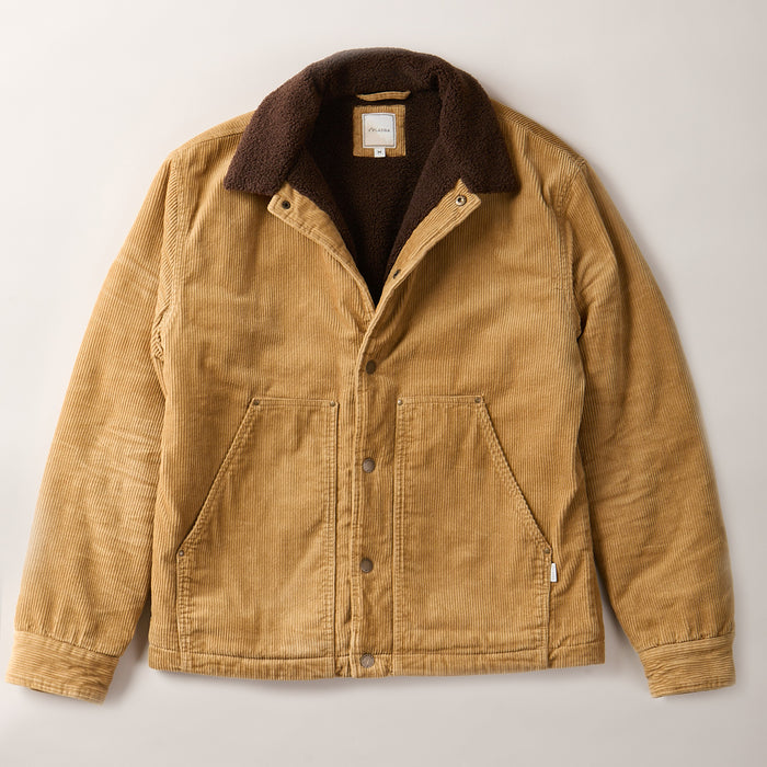 Pladra Men's Ironwood Sherpa Jacket in Acorn Tan with brown sherpa collar, front pockets, and button closure, laid flat.