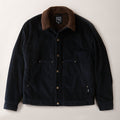 Men's Ironwood Sherpa Jacket in Midnight Blue, a cotton corduroy jacket with a brown sherpa collar, button front, and two angled pockets.