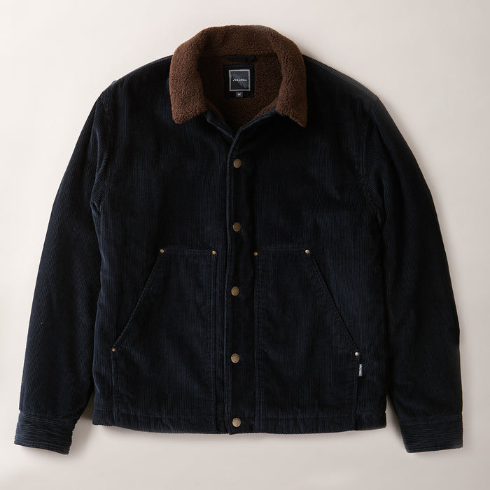 Men's Ironwood Sherpa Jacket in Midnight Blue, a cotton corduroy jacket with a brown sherpa collar, button front, and two angled pockets.