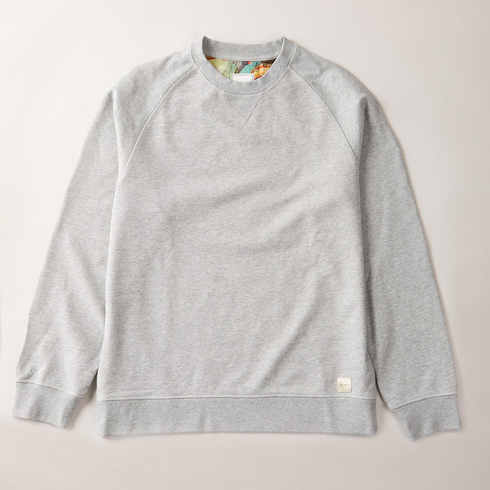 Men's Klamath Crew in Fog Grey, a cotton French terry sweatshirt with ribbed neckline, cuffs, and hem, shown flat.
