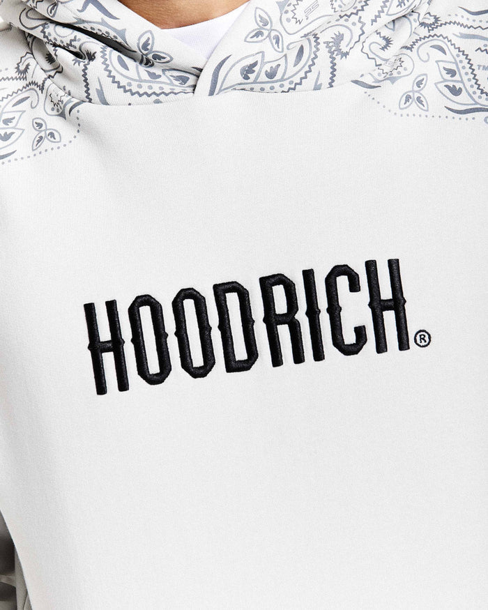 White hoodie with 'HOODRICH' logo and patterned hood