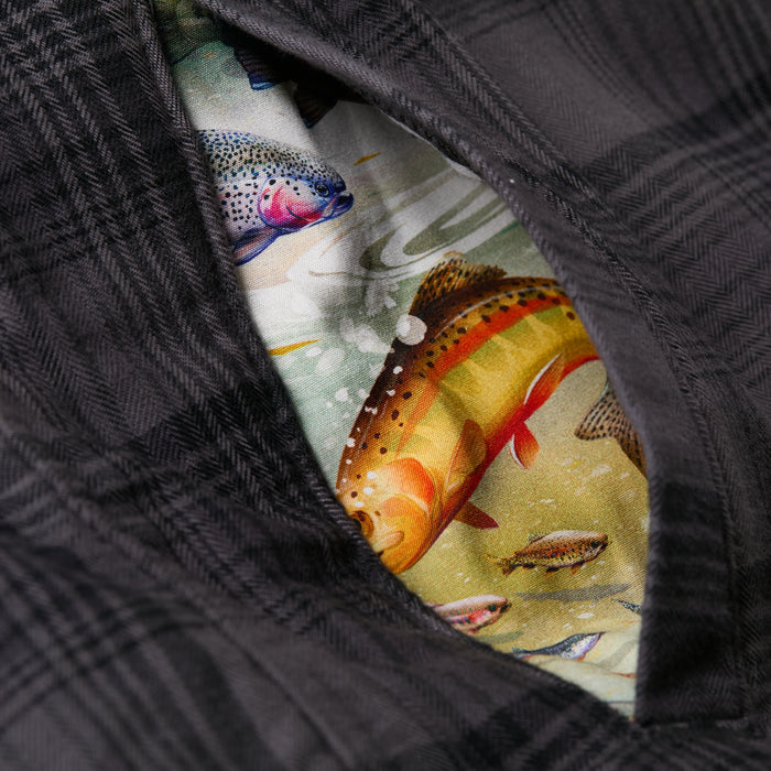 Closeup of Pladra Men's Northwood Sherpa Insulated Flannel Jacket in Deadwood Black with colorful fish-patterned lining.