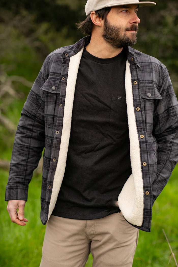 A man in a Pladra Men's Northwood Sherpa Insulated Flannel Jacket - Deadwood Black stands on grass, facing right.