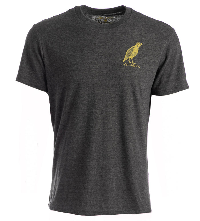 Men's Quail Tee-Charcoal Grey Heather: a combed cotton jersey short-sleeve shirt with a small yellow quail and "PEDALDRA" on the left chest. Ideal for outdoor lifestyles.
