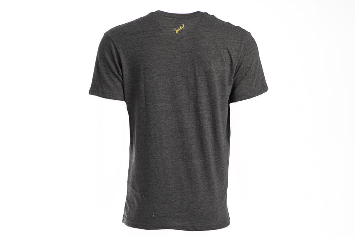 Back of Pladra Men's Quail Tee in Charcoal Grey Heather with small yellow deer antler logo near neckline.