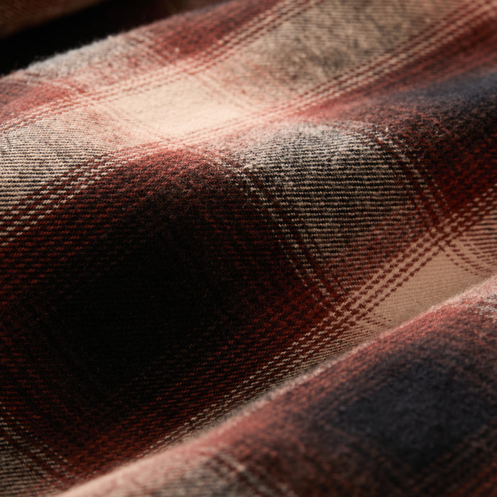 Close-up of soft plaid flannel on Pladra’s Men's Sequoia Jacket in Tobacco Brown, showing rich cotton twill texture.