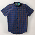 Men's Short Sleeve Tailwinds Shirt by Pladra in Lagoon Blue plaid, with chest pocket, shown laid flat on white.