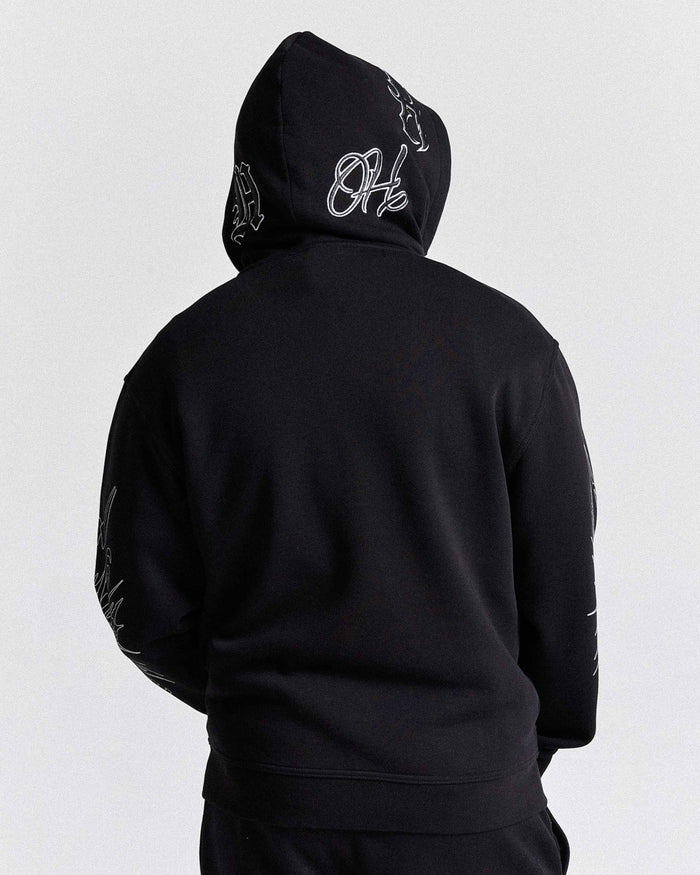 Black hoodie with white text on the back against a light gray background