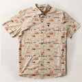 Pladra Men's S/S Printed Outdoor Aloha Shirt - Bay Surf: 100% cotton, crab, fish & burger print on light beige.