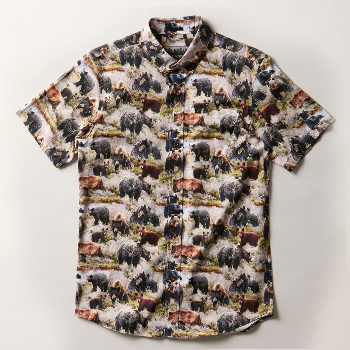 Pladra Men's S/S Printed Outdoor Aloha Shirt - Bears: Bear print, short sleeves, laid flat on white background.