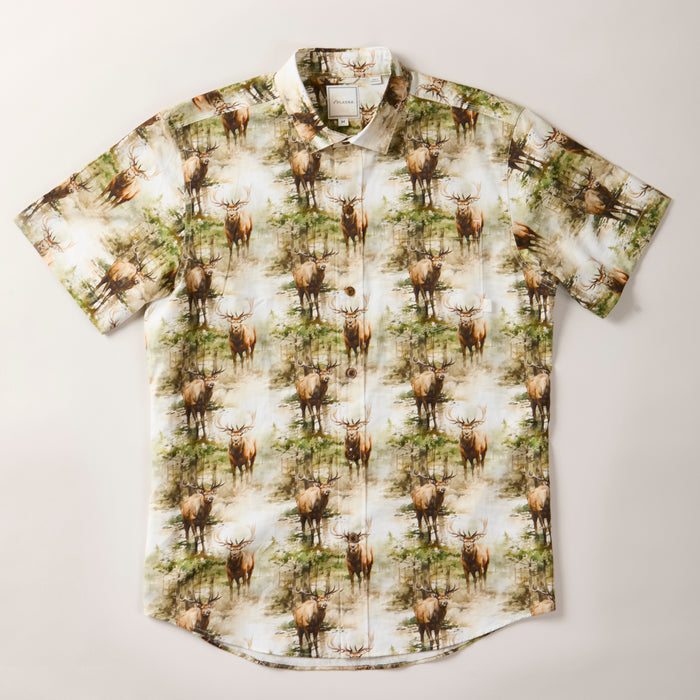 Men's S/S Printed Outdoor Aloha Shirt in Elk, a cotton short-sleeve button-up with an all-over elk and forest print in green, brown, and white.
