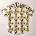 Men's S/S Printed Outdoor Aloha Shirt in Elk, a cotton short-sleeve button-up with an all-over elk and forest print in green, brown, and white.