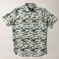 Pladra Men's S/S Printed Outdoor Aloha Shirt - Seals: 100% cotton, fish & river print, shown laid flat.
