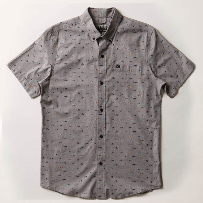 The Pladra Men's S/S Printed Outdoor Aloha Shirt in Steelhead Flies is 100% cotton with a chest pocket and dotted print.
