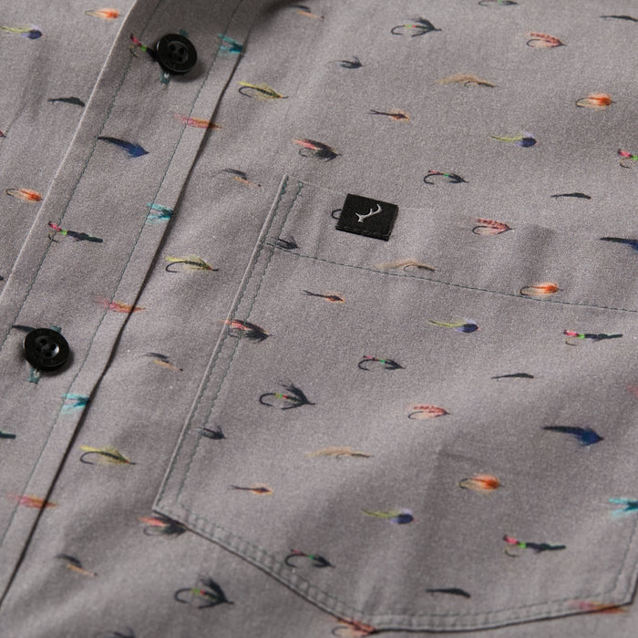 Pladra Men's S/S Printed Outdoor Aloha Shirt – Steelhead Flies: Grey cotton, pocket, flies print, black logo tag.