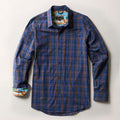 Pladra Men's Tailwinds Shirt in Lagoon Blue with decorative inner cuffs, laid flat on a white background.