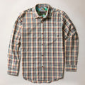 The Men's Tailwinds Shirt in Pebble Brown is a lightweight poplin, long-sleeve button-up featuring a blue, brown, and white multicolored plaid pattern, displayed flat on a light background.